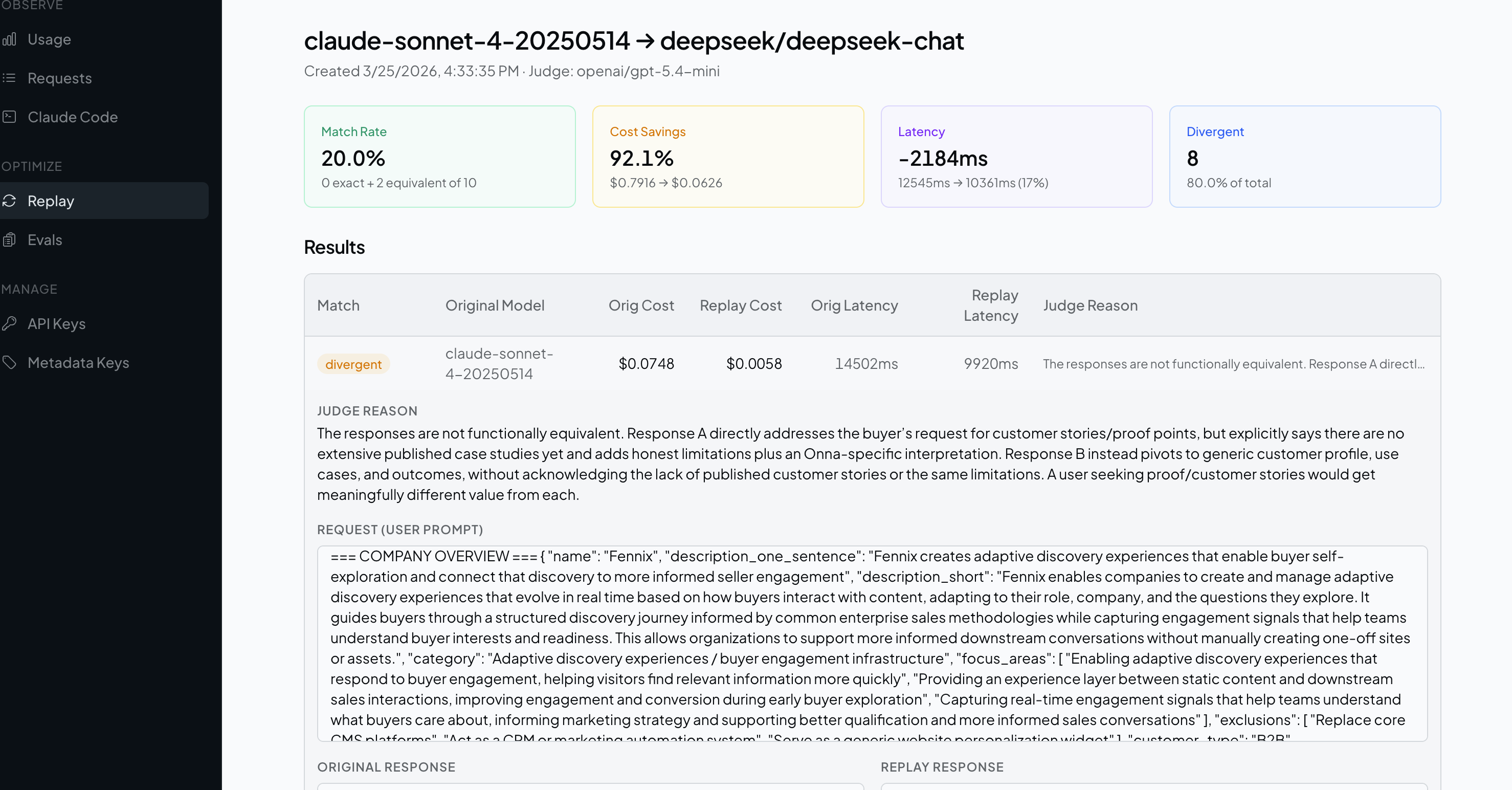 Replay run showing match rate, cost savings, and LLM judge results