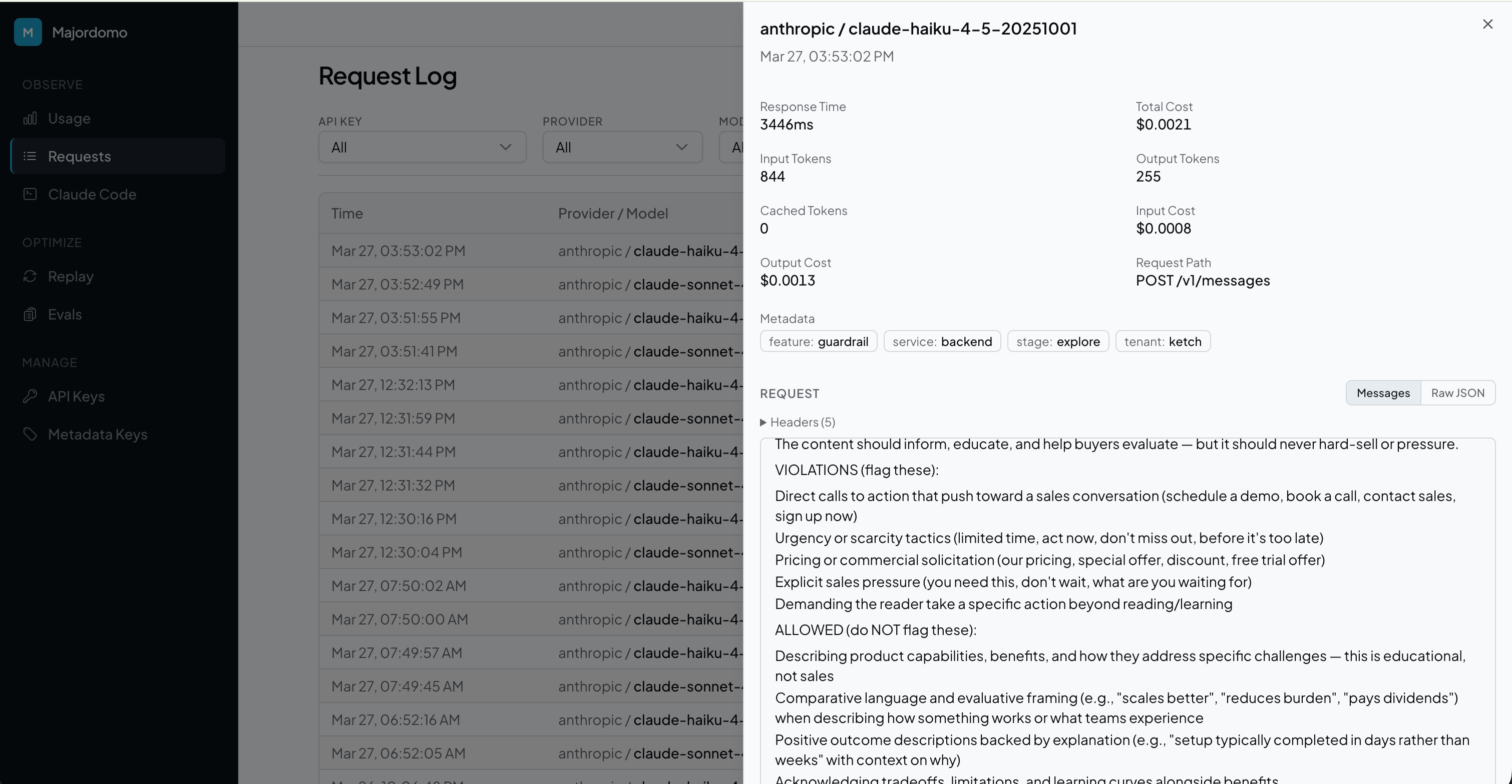 Request log with detailed request inspection panel